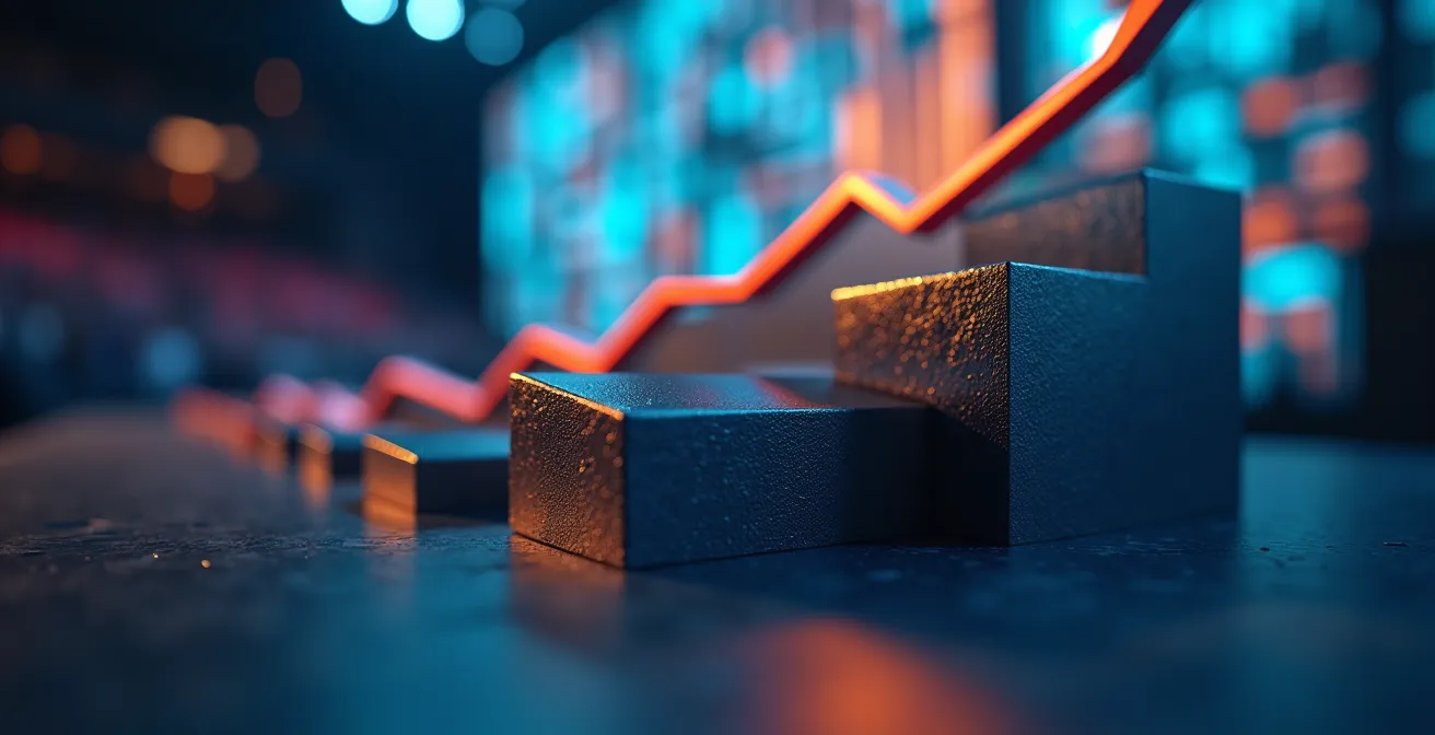 Abstrakte Visualisierung von Preiskurven und Algorithmen im Hintergrund einer Konzerthalle