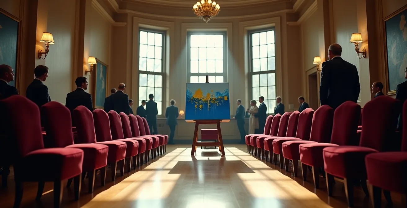 Eleganter Auktionssaal mit expressionistischem Gemälde auf Staffelei