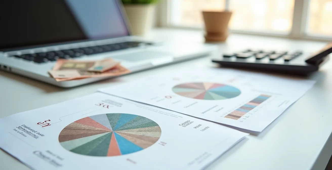 Arbeitsplatz mit Taschenrechner und abstrakten Diagrammen zu Autorenhonoraren