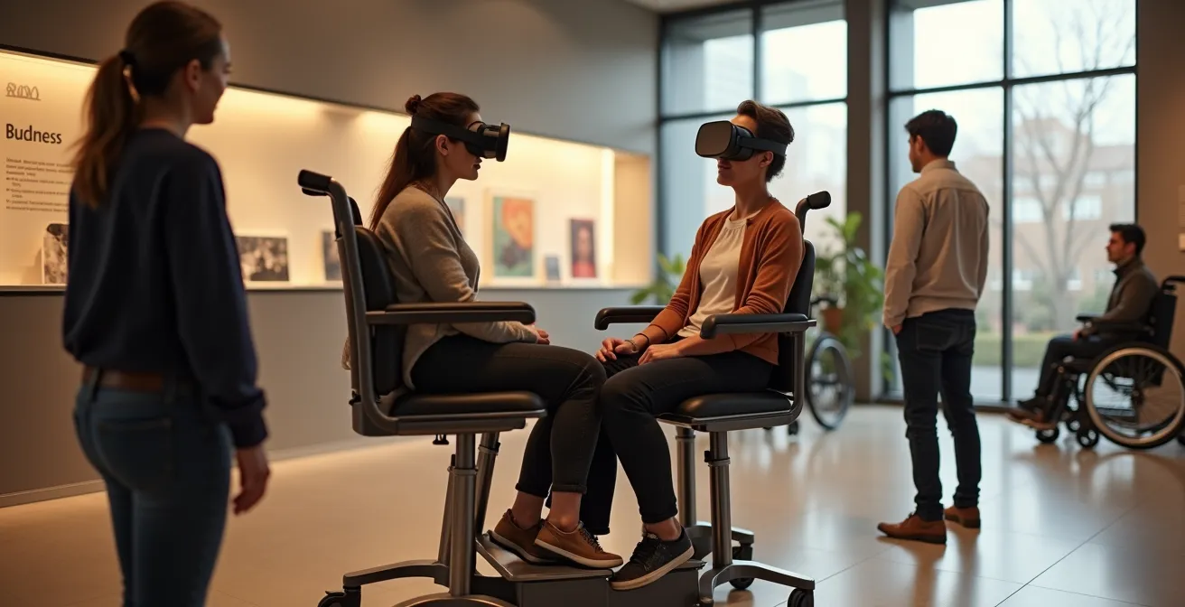 Barrierefreie VR-Station mit höhenverstellbarem Sitz und taktilen Orientierungshilfen im Museum