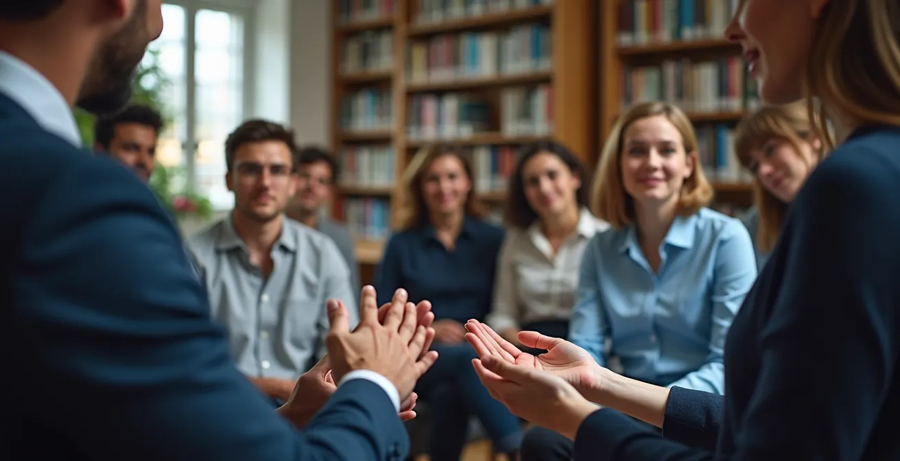 Bibliothekspersonal in einer Deeskalations-Trainingssituation