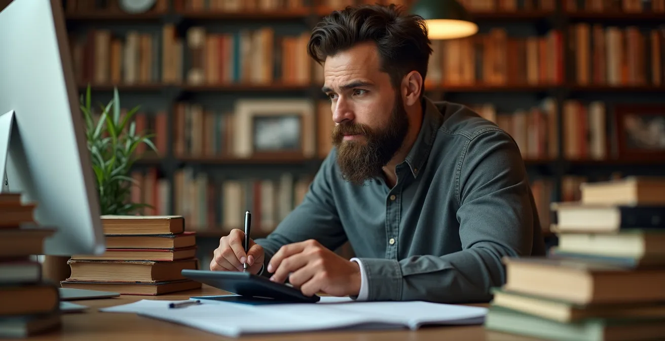 Buchhändler analysiert Daten am Computer mit Bücherstapeln