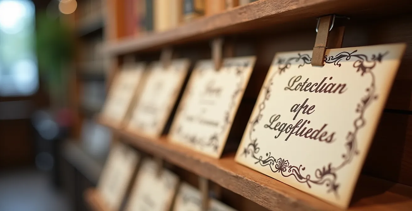 Nahaufnahme von handgeschriebenen Mitarbeiterempfehlungen in einer Buchhandlung, die Vielfalt und persönliche Kuration zeigen.