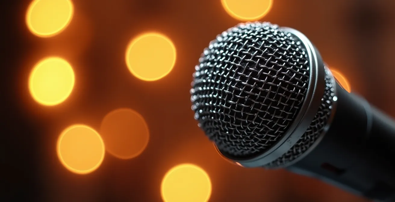 Nahaufnahme eines dynamischen Mikrofons mit Molton-Stoff Akustikbehandlung im Museumshintergrund