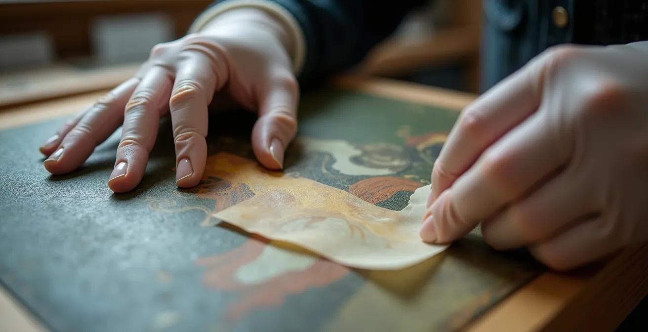 Detailansicht einer temporären Sicherung mit Japanpapier an einem Ölgemälde
