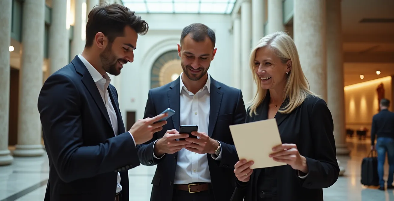 Verschiedene Generationen wählen digitale Opern-Abonnements auf Tablets in einem modernen Opernfoyer.