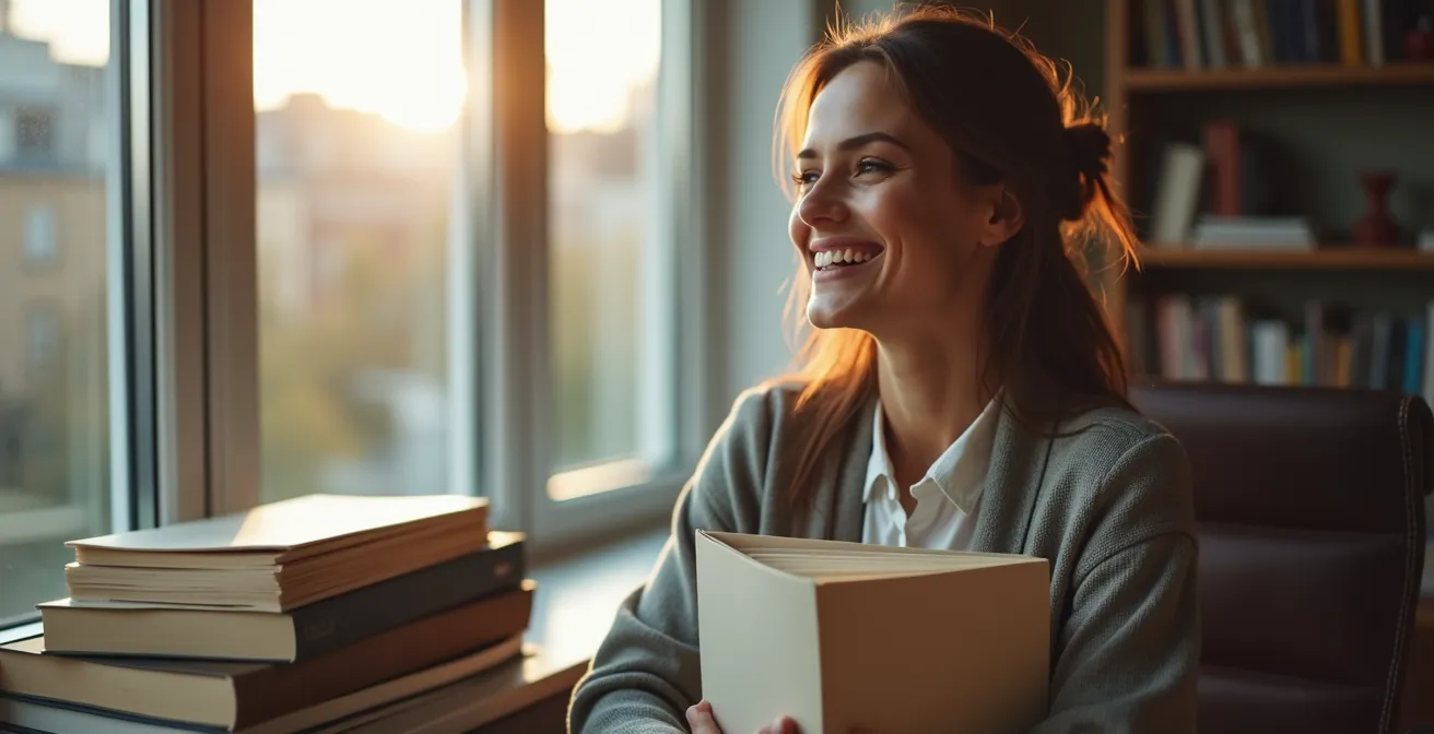 Eine junge Verlegerin hält erleichtert einen Ordner mit Antragsunterlagen für eine Übersetzungsförderung in ihrem Berliner Büro.