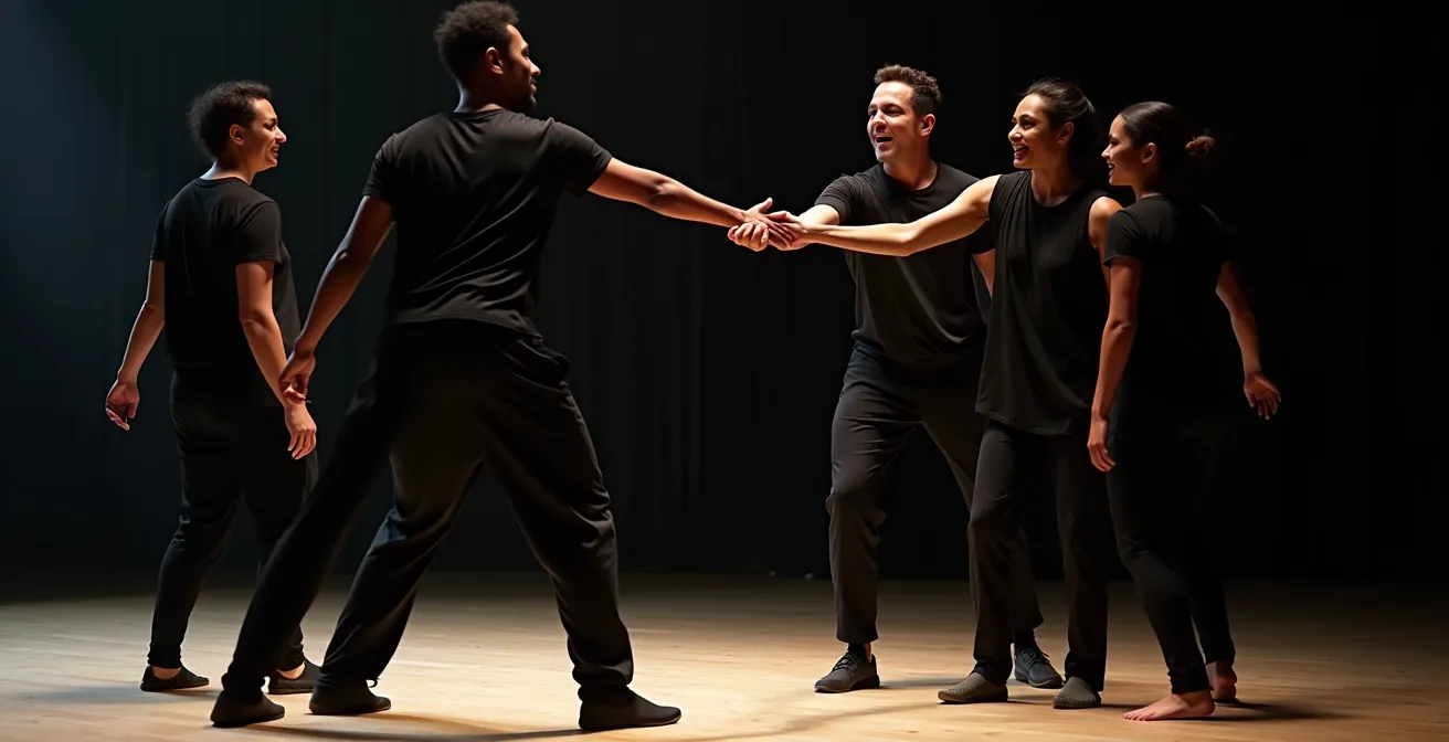 Internationale Künstlergruppe bei gemeinsamer Bühnenprobe