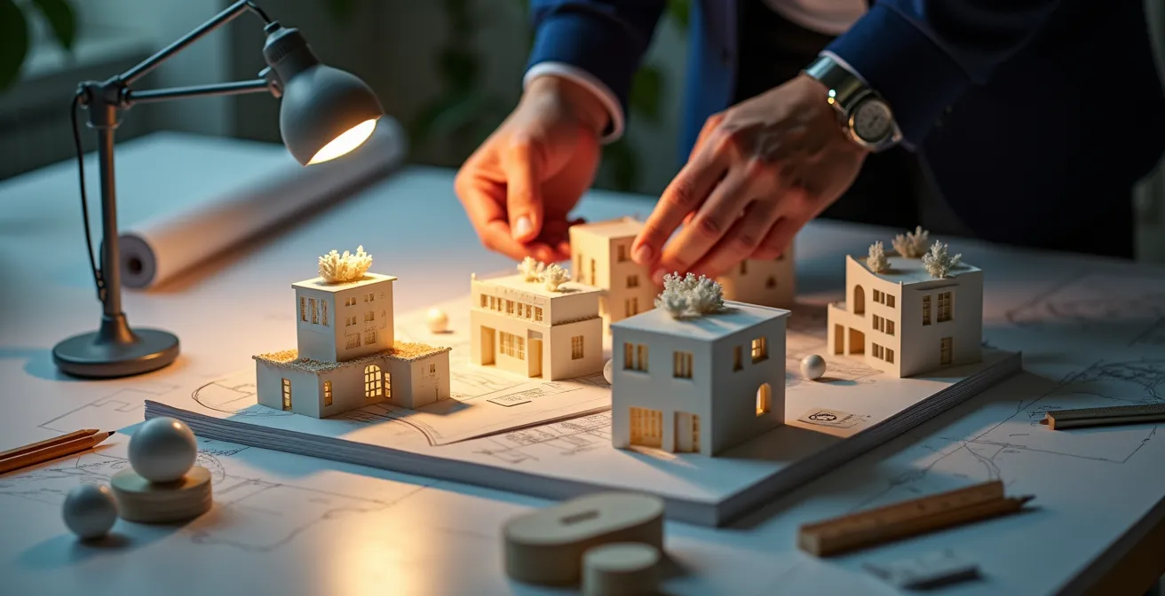 Künstler und Architekt diskutieren gemeinsam über Architekturmodell