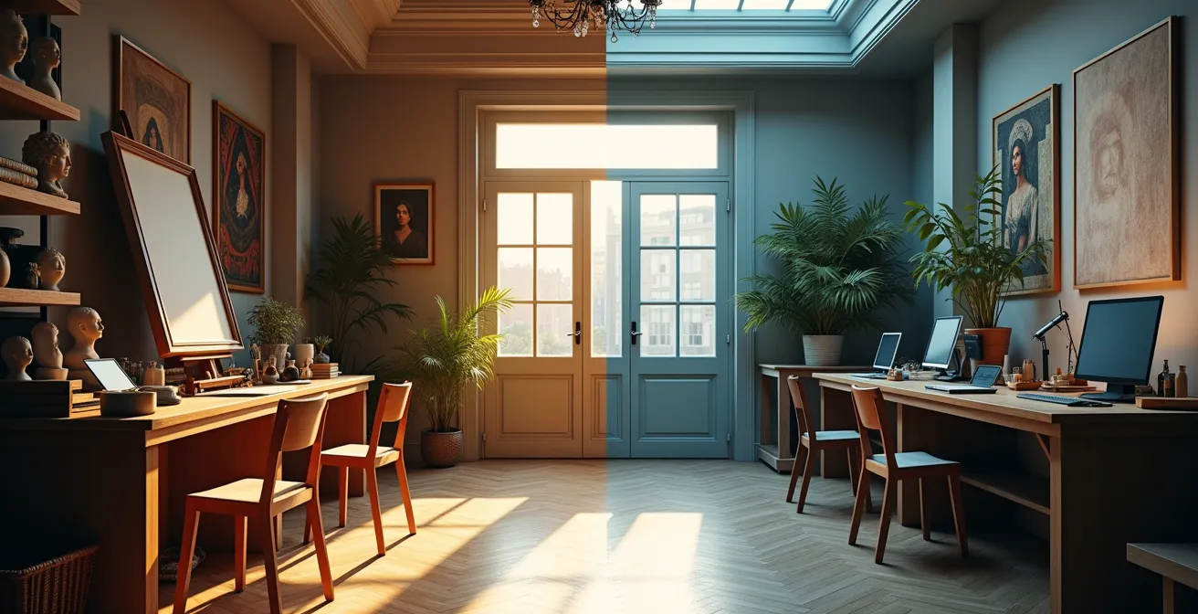 Vergleich zwischen klassischem Akademie-Atelier und modernem Hochschul-Workspace