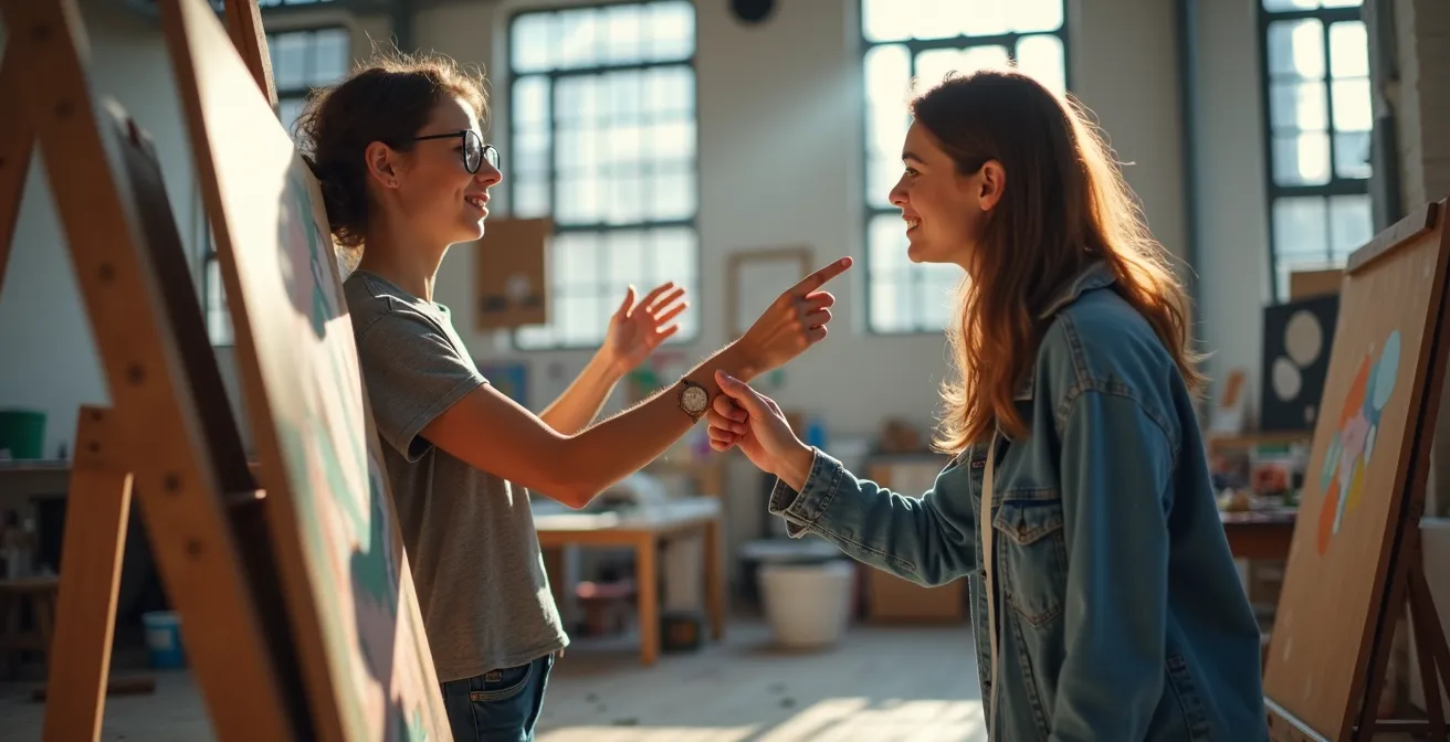 Kunststudent zeigt einem Besucher sein Werk in einem hellen Atelier
