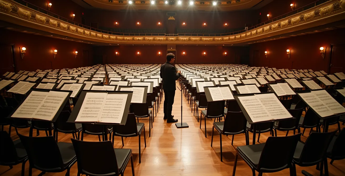 Professionell organisiertes Notenmaterial für Opernaufführung im Orchestergraben