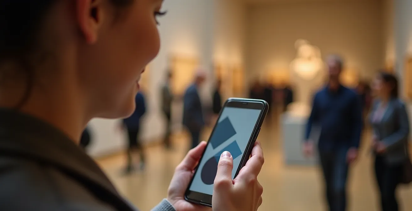 Besucher scannen QR-Code neben Museumsobjekt mit Smartphone für Podcast-Zugang