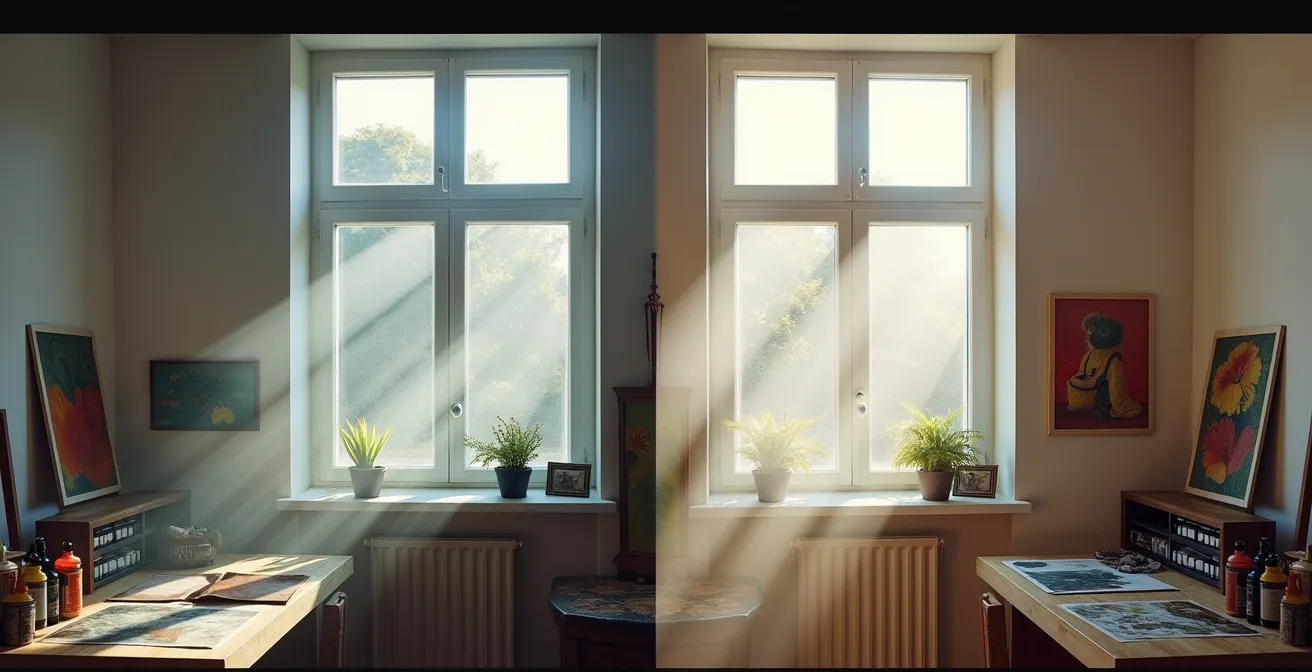 Vergleichsdarstellung von Querlüftung und einfacher Fensterlüftung in einem Atelier