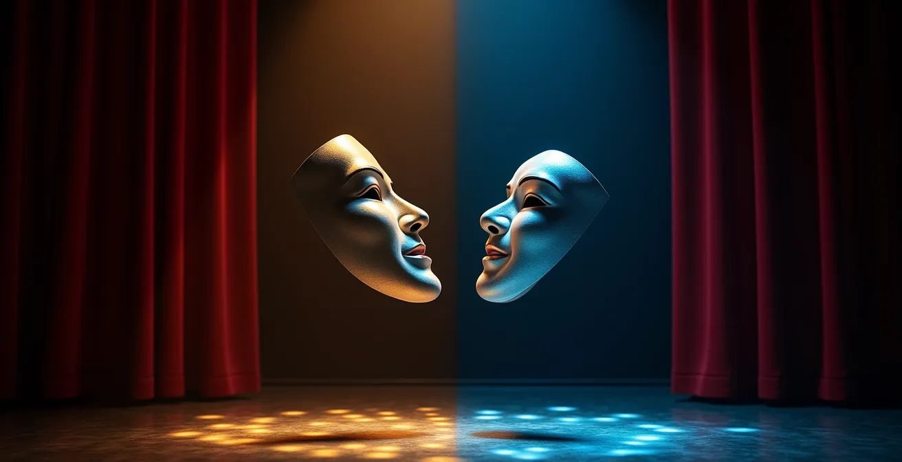 Theaterbühne mit kreativer Lichtinstallation zeigt Balance zwischen Tradition und Moderne