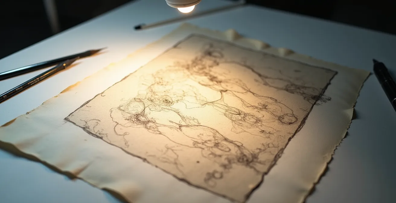 Detailaufnahme einer Zeichnungsoberfläche mit sichtbaren Restaurierungsspuren unter seitlichem Streiflicht