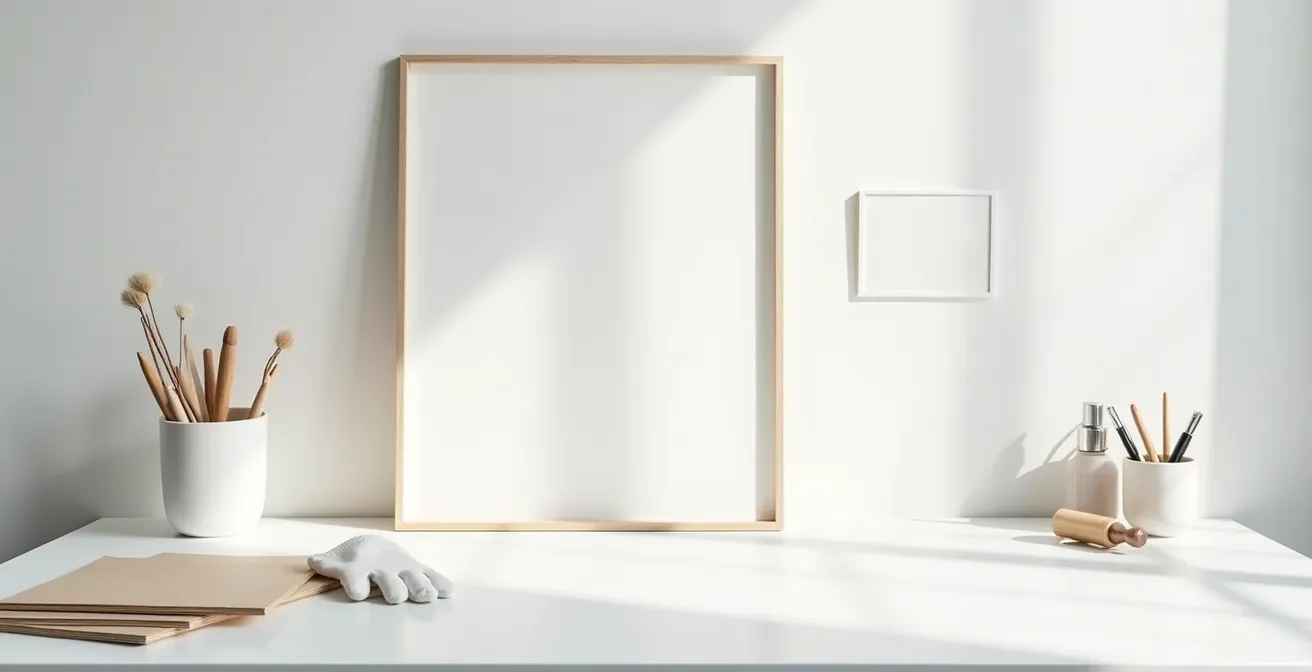 Detailaufnahme von professionellen Montagemethoden für Zeichnungen im Passepartout