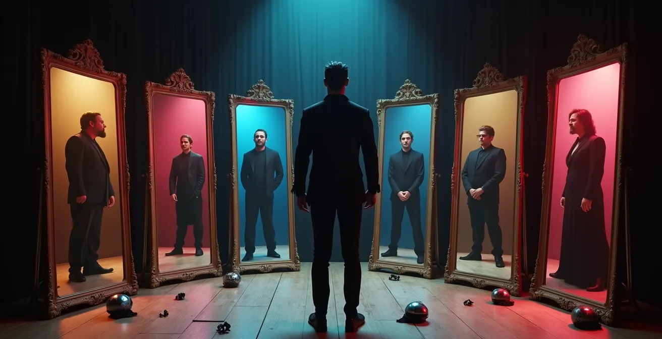 Ein Schauspieler vor mehreren Spiegeln zeigt verschiedene Charaktertypen und Emotionen