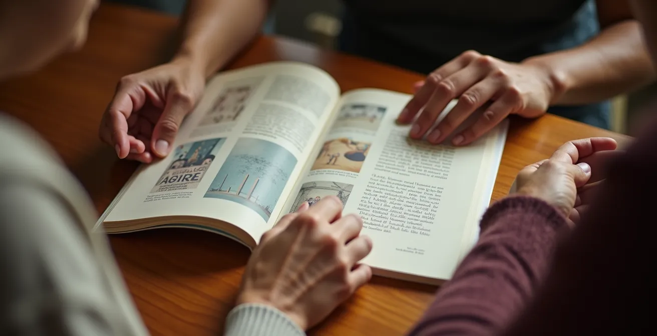 Nahaufnahme von Händen verschiedener Generationen, die gemeinsam ein Programmheft durchblättern