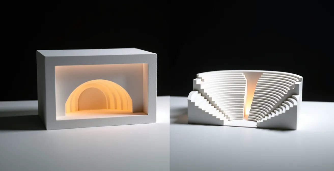 Architektonischer Vergleich zwischen rechteckigem Schuhkarton-Saal und terrassenförmigem Weinberg-Saal