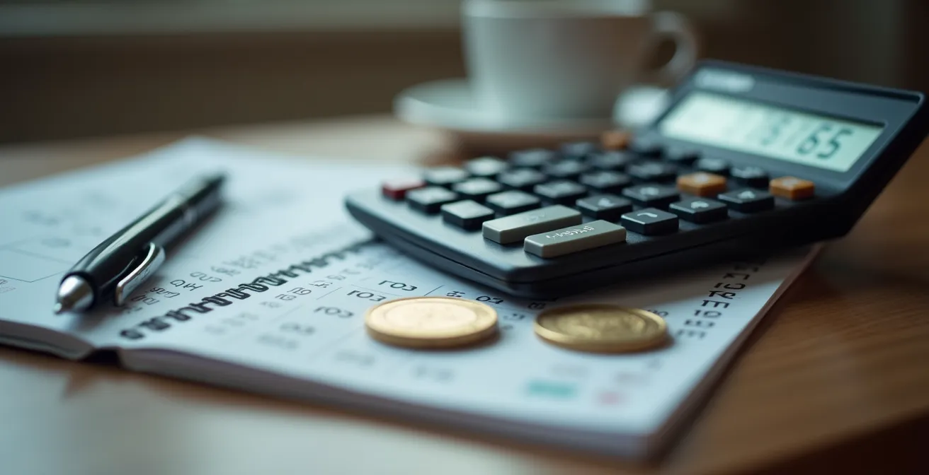 Nahaufnahme eines aufgeschlagenen Notizbuchs mit Kostenkalkulationen und Taschenrechner