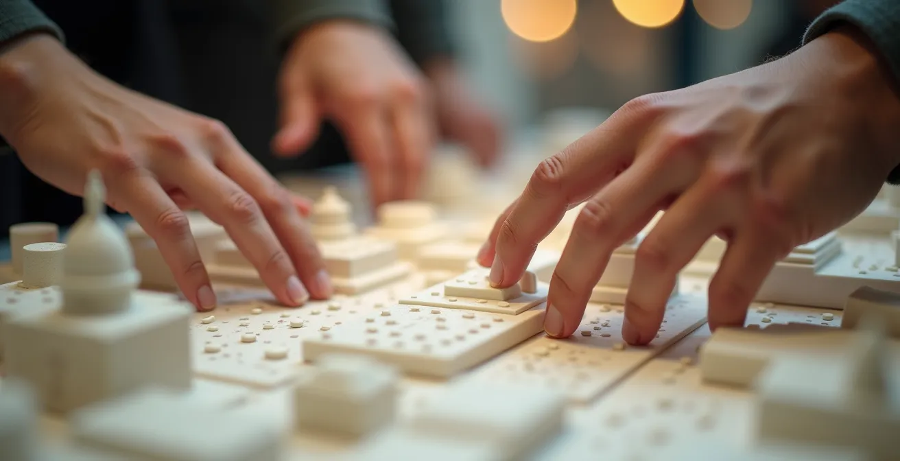 Detailaufnahme von taktilen Museumselementen mit Händen die Oberflächen erkunden