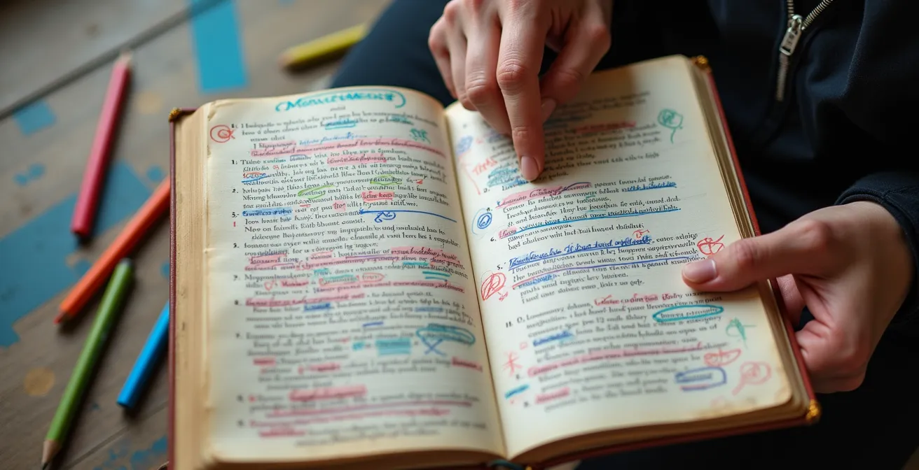 Makroaufnahme von Händen mit Notizen und Bewegungsmarkierungen für Textlernen