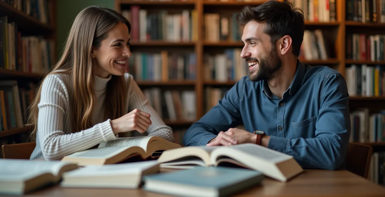Vertreter und Buchhändler im Beratungsgespräch in einer deutschen Buchhandlung, umgeben von Büchern.