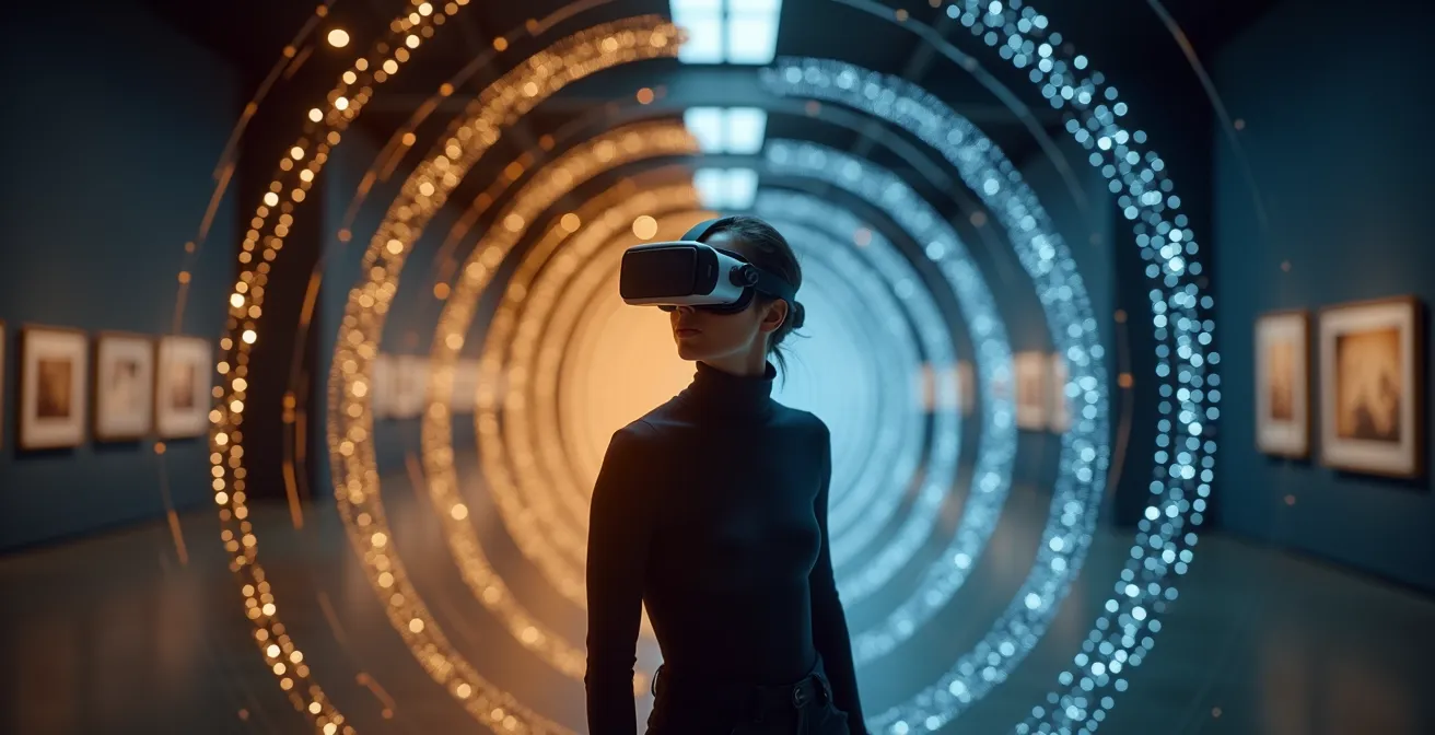 Person mit VR-Brille umgeben von visualisierten Schallwellen in kreisförmigem Muster