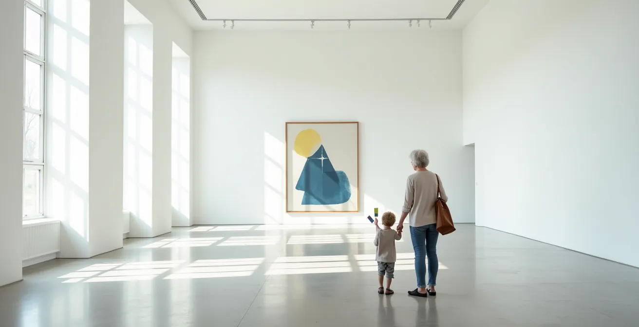 Grosseltern und Enkel erkunden gemeinsam ein Kunstwerk im Museum mit Emotionskarten und spielerischen Rollen