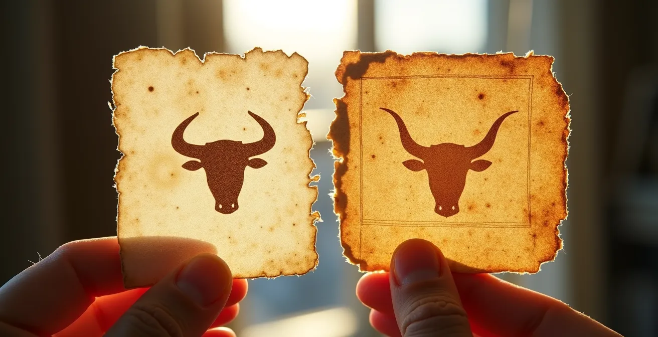 Makroaufnahme zweier Papierstrukturen im Durchlicht - links Hadernpapier mit Wasserzeichen, rechts Holzschliffpapier