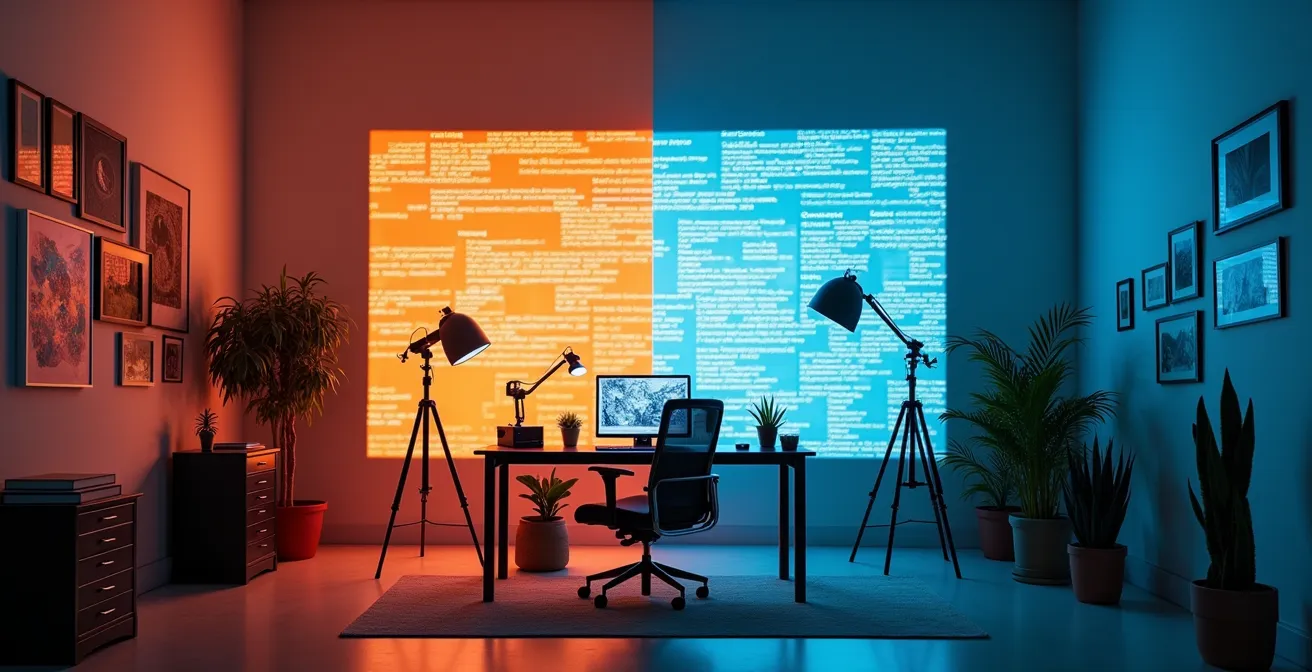 Splitscreen-Darstellung, die links einen kreativen Design-Arbeitsplatz und rechts eine technische Programmierumgebung symbolisiert.