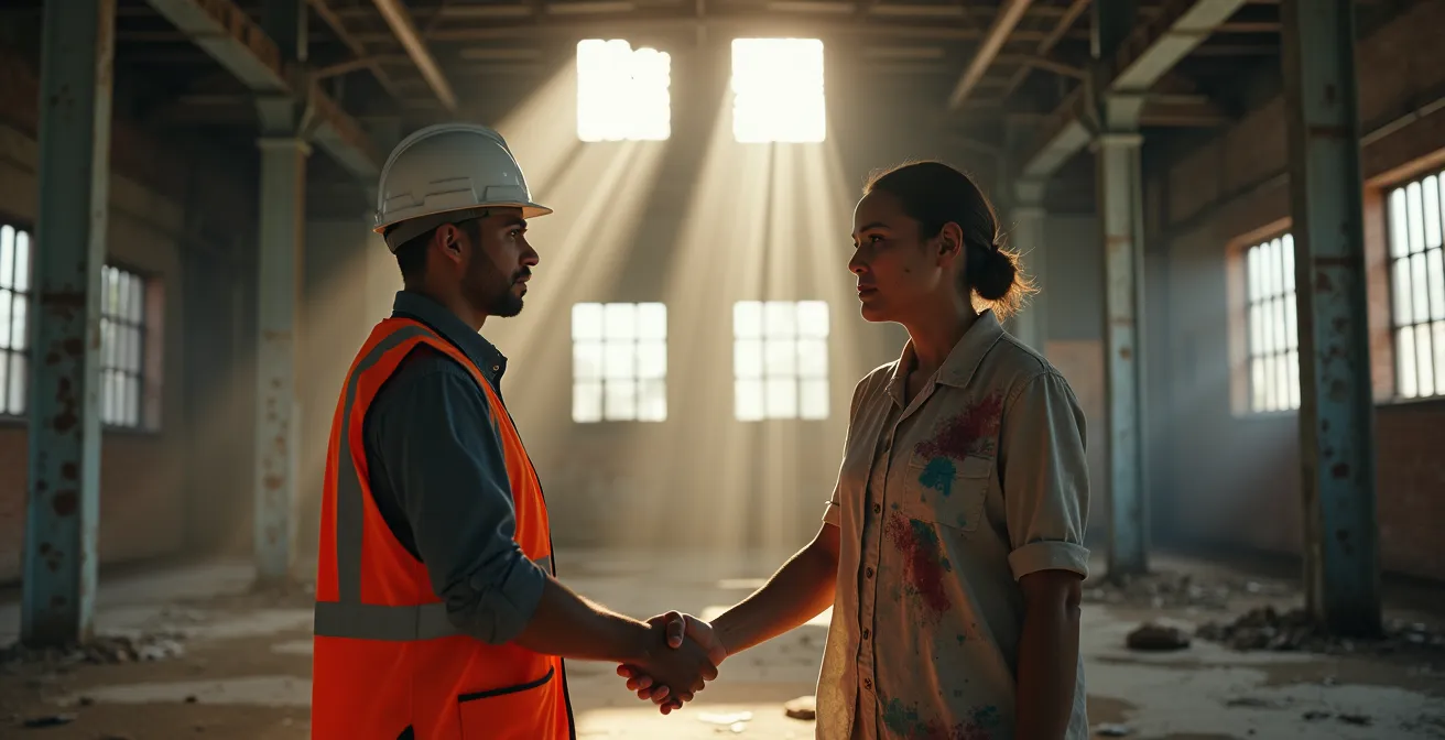 Ein Künstler und ein Bauentwickler schütteln sich die Hände vor einem Abrissgebäude, das als Atelier für eine Zwischennutzung dient.